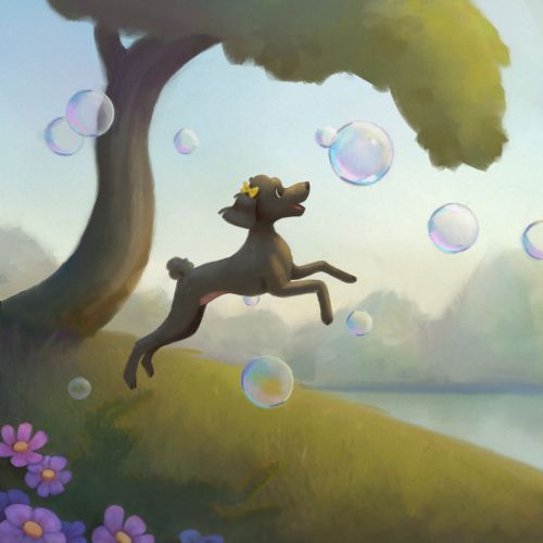 Illustration of a playful dog jumping to catch soap bubbles near a tree