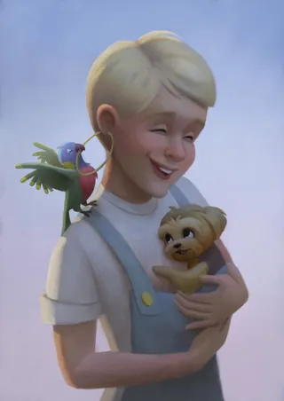 Smiling person holding a small dog and a colorful bird on shoulder