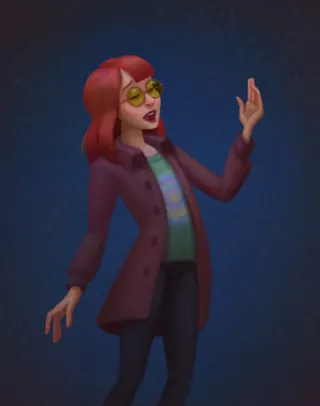 Illustration of young woman singing with red hair and glasses