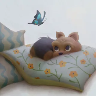 Small dog lying on a floral pillow watching a butterfly