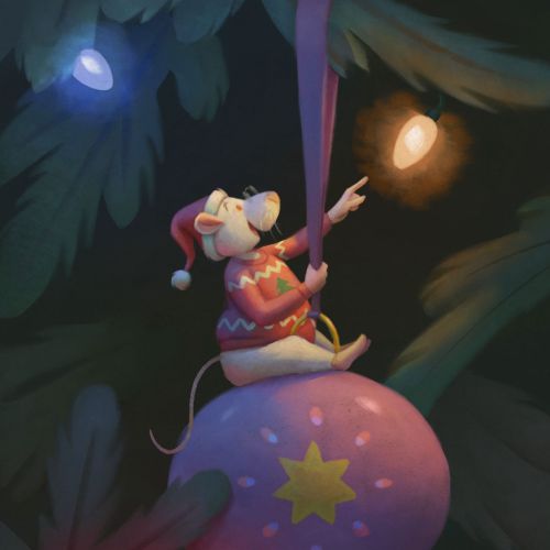 Mouse in Santa hat playing with Christmas tree lights and ornaments