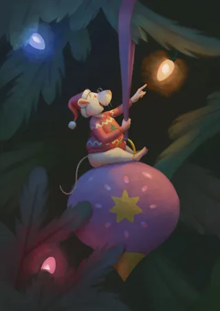 Mouse in Santa hat playing with Christmas tree lights and ornaments