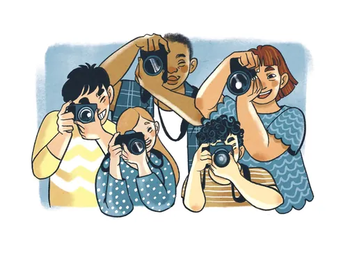 Group of five people taking photos with cameras by Manu Cunhas