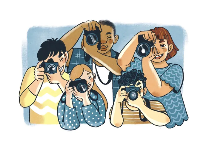 Group of five people taking photos with cameras by Manu Cunhas