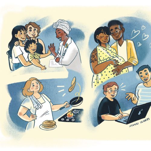 Diverse people sharing moments and smiling, artwork by Manu Cunhas