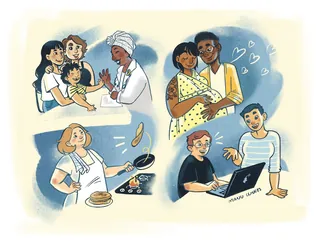 Diverse people sharing moments and smiling, artwork by Manu Cunhas