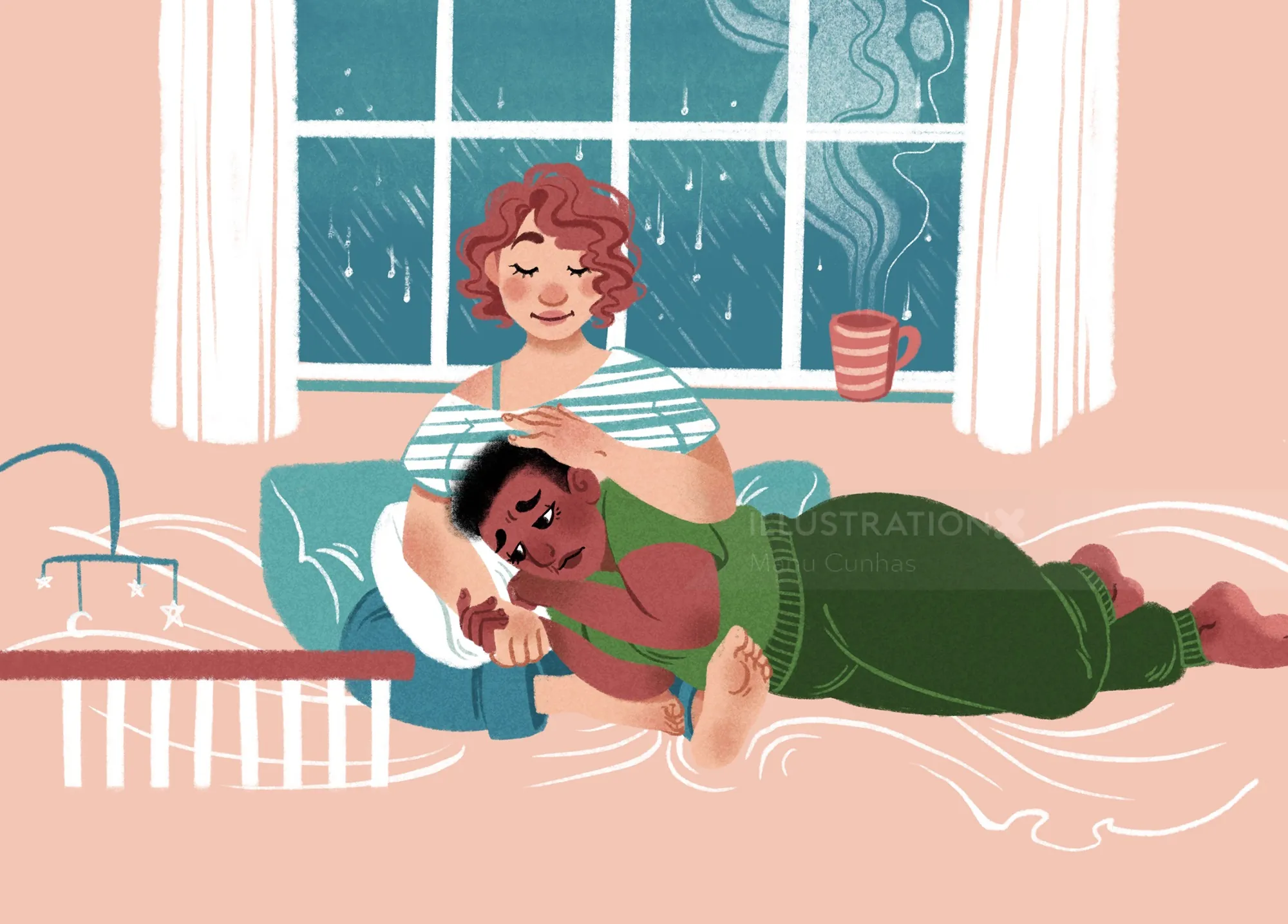 Two people relaxing indoors on rainy day with steaming cup by Manu Cunhas