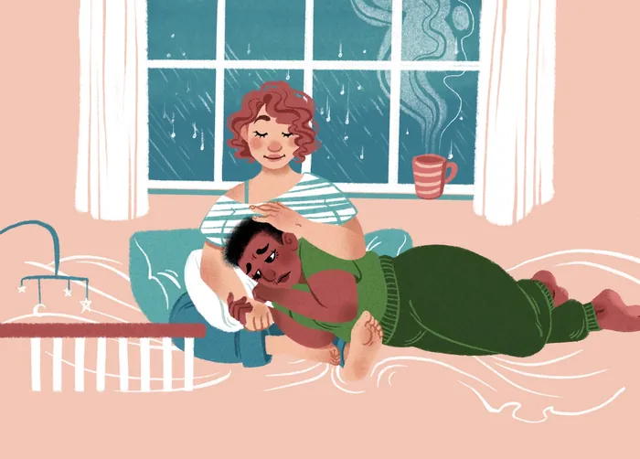 Two people relaxing indoors on rainy day with steaming cup by Manu Cunhas