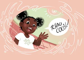 Smiling girl with puffy hair waving saying Tchau Coco by Manu Cunhas