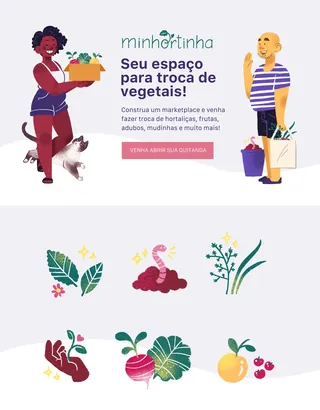 Illustrated vegetable exchange poster with diverse people, fruits, and plants by Manu Cunhas