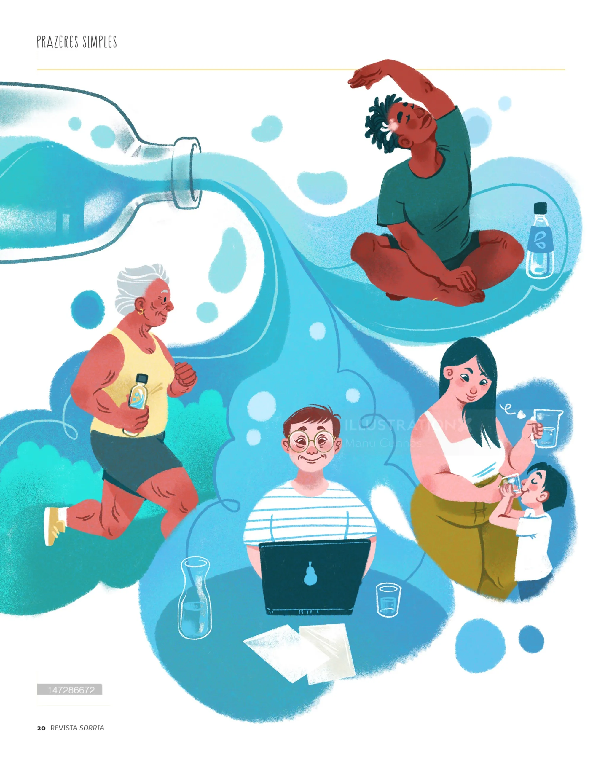 Illustration of diverse people hydrating and doing activities by Manu Cunhas