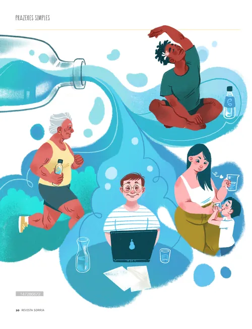 Illustration of diverse people hydrating and doing activities by Manu Cunhas