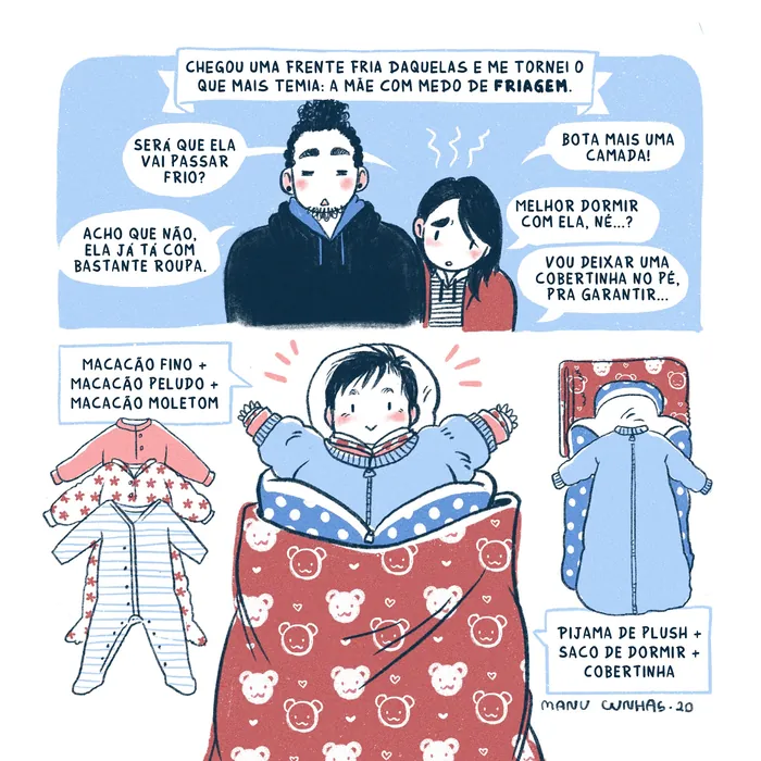 Child bundled in warm clothes and blanket with two adults nearby, illustration by Manu Cunhas