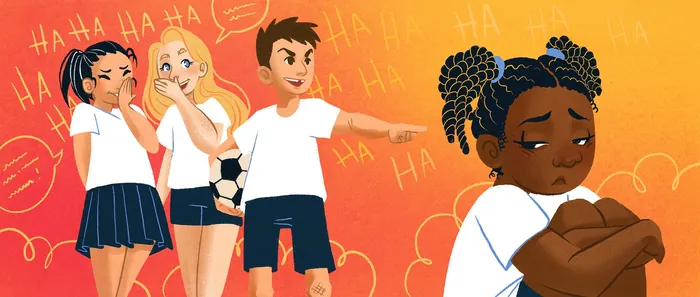 Illustration of children laughing and bullying a sad child sitting alone by Manu Cunhas