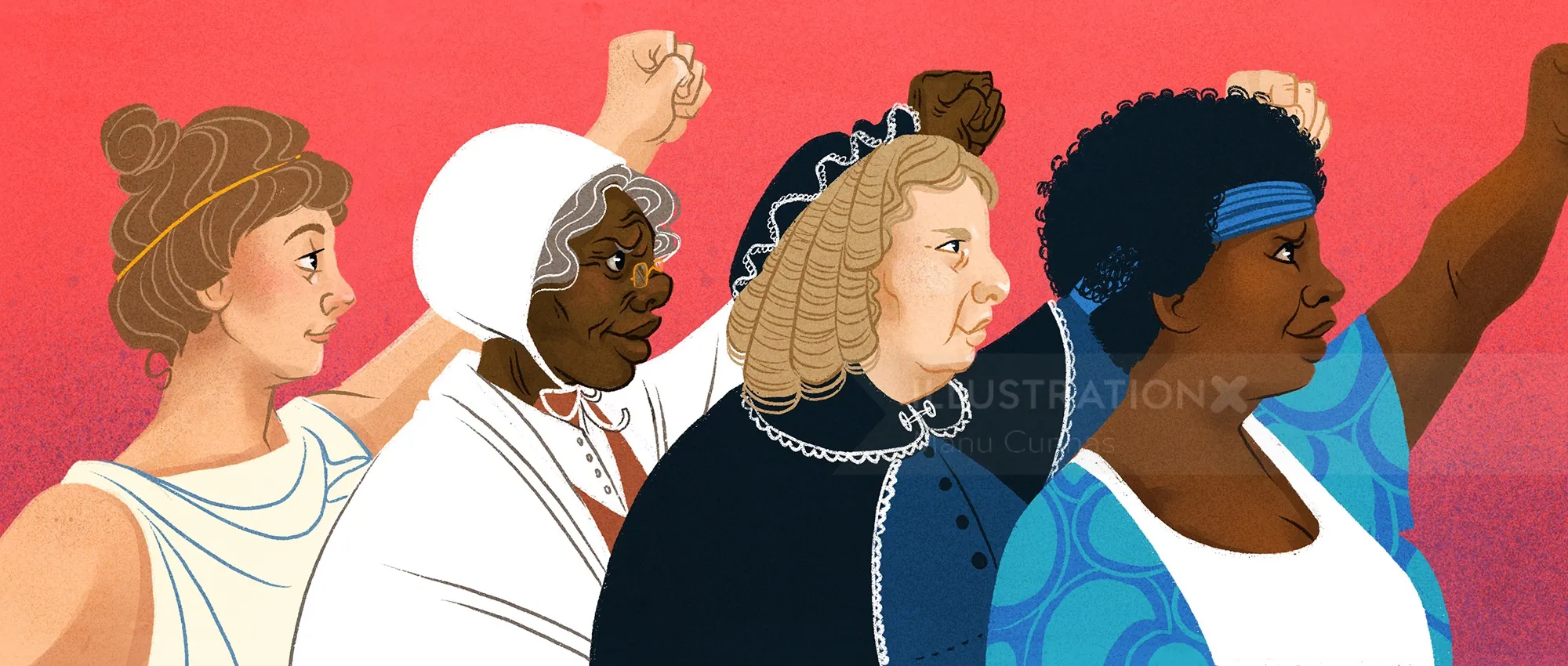 Four diverse women raising fists in solidarity by Manu Cunhas
