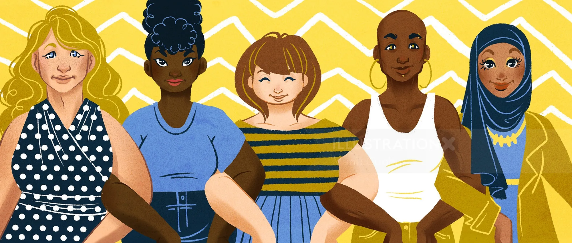 Illustration of five diverse women standing together by Manu Cunhas