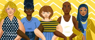 Illustration of five diverse women standing together by Manu Cunhas