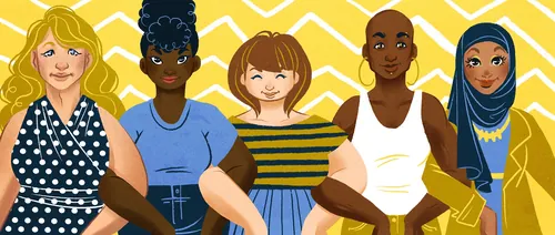 Illustration of five diverse women standing together by Manu Cunhas