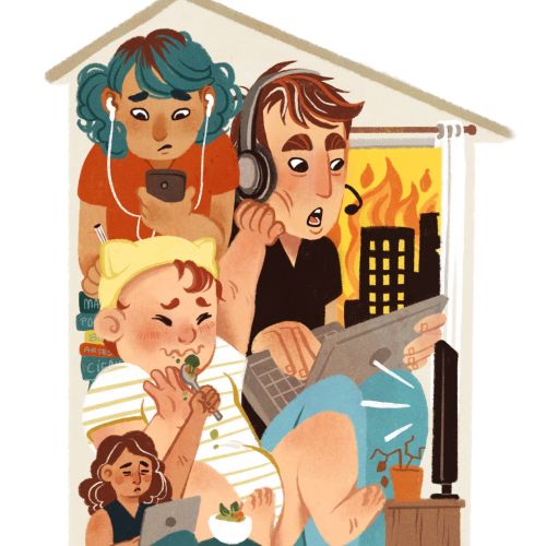 Illustration of four people with devices inside a house by Manu Cunhas