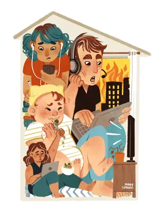 Illustration of four people with devices inside a house by Manu Cunhas