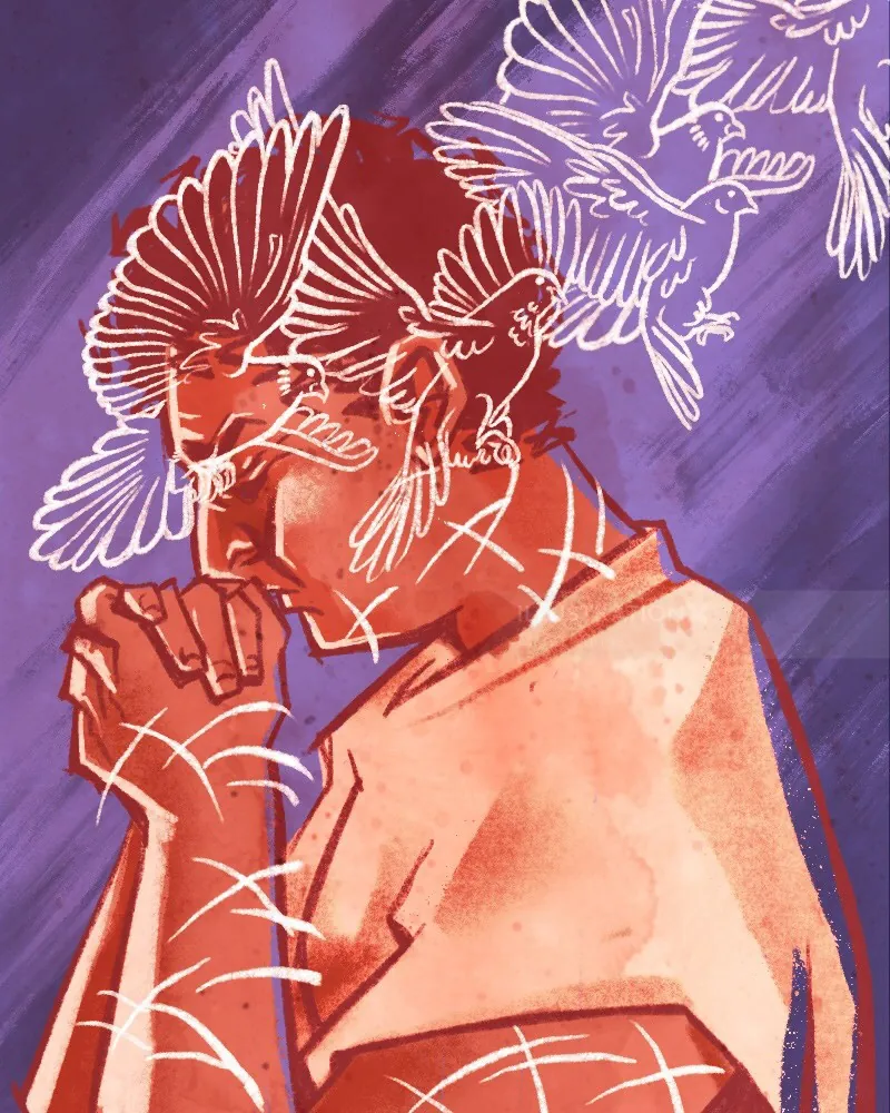 Contemplative person with red and white birds around head by Manu Cunhas