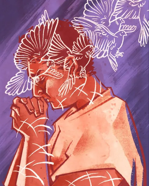 Contemplative person with red and white birds around head by Manu Cunhas