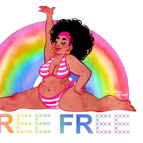Woman in pink bikini posing in front of a rainbow, text reads FREE by Manu Cunhas