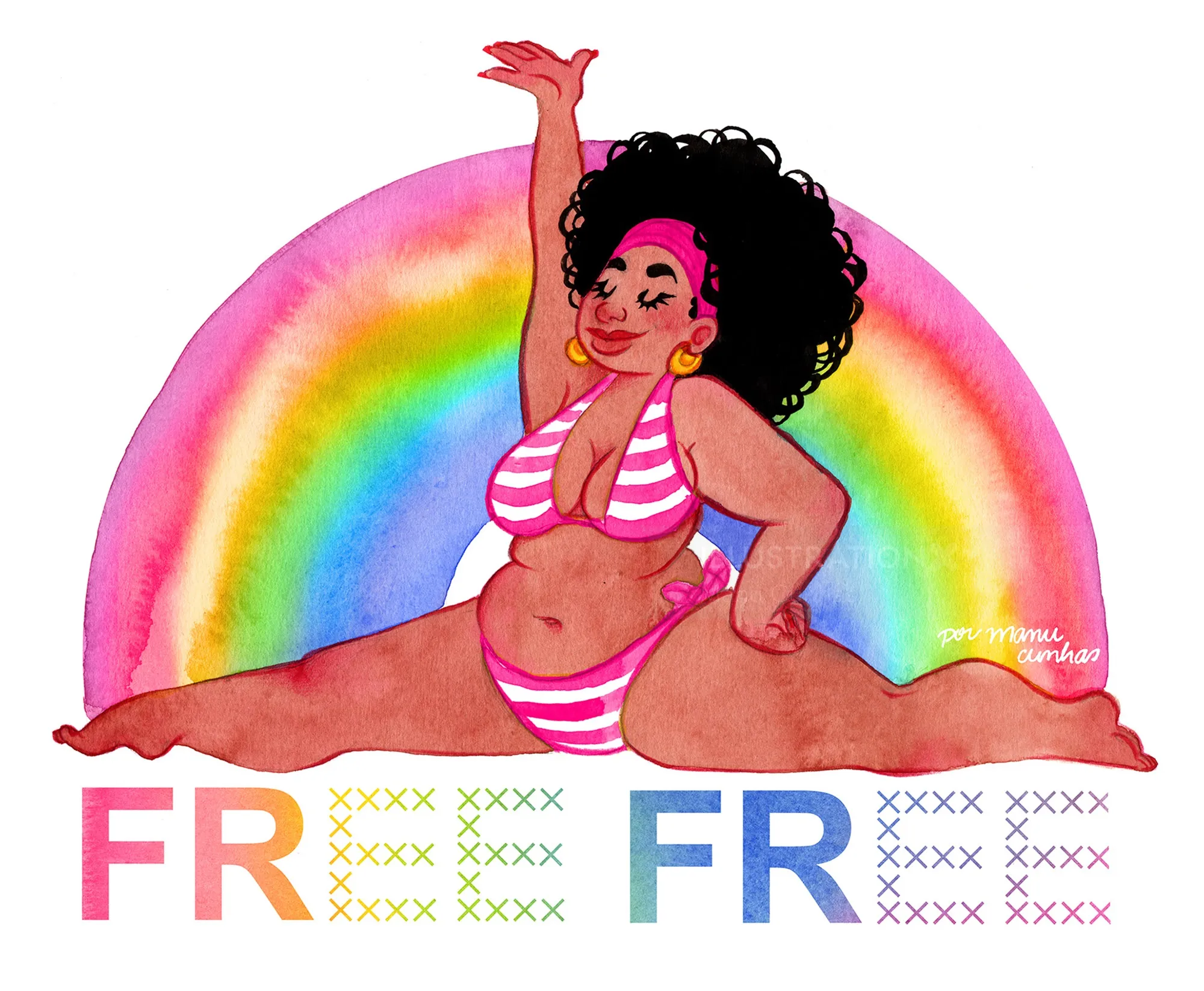 Woman in pink bikini posing in front of a rainbow, text reads FREE by Manu Cunhas