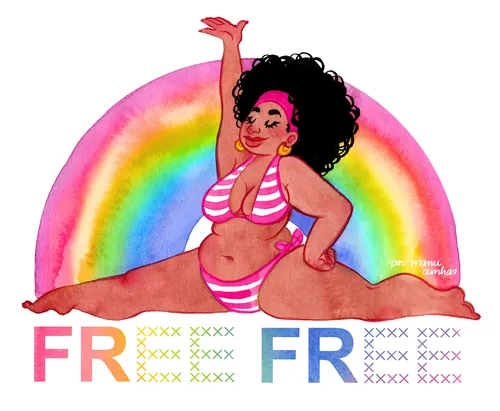 Woman in pink bikini posing in front of a rainbow, text reads FREE by Manu Cunhas