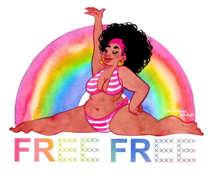Woman in pink bikini posing in front of a rainbow, text reads FREE by Manu Cunhas