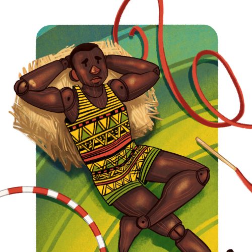 Illustration of a man relaxing with juggling pins and hoops by Manu Cunhas