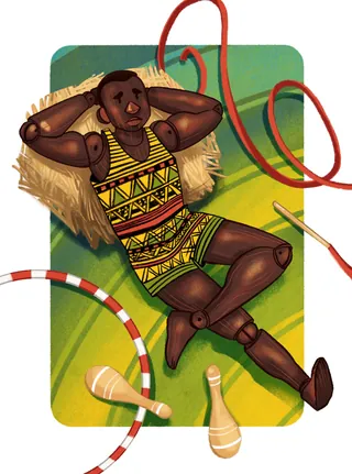 Illustration of a man relaxing with juggling pins and hoops by Manu Cunhas