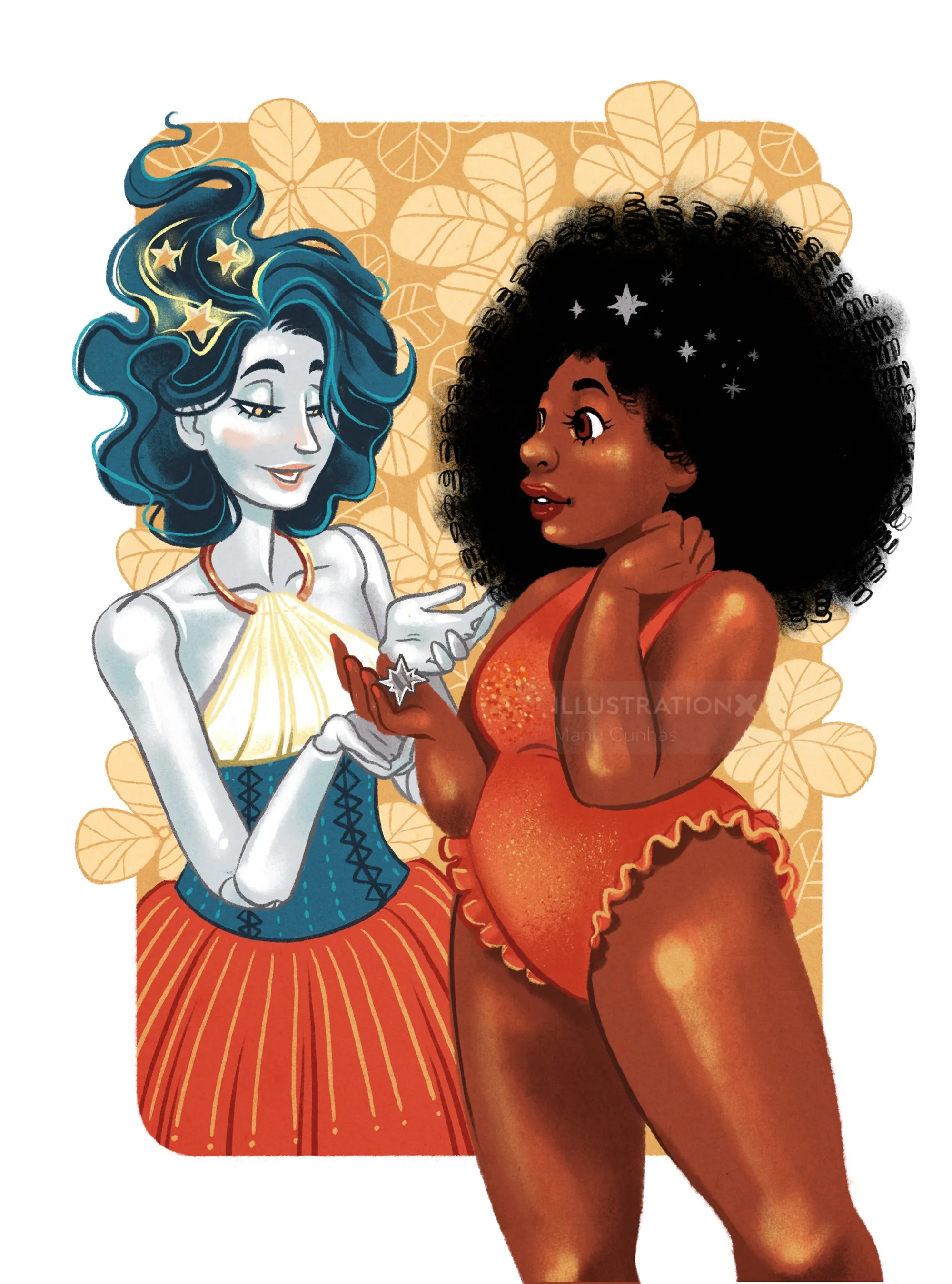 Digital illustration of two women, one with blue hair, one with curly black hair by Manu Cunhas