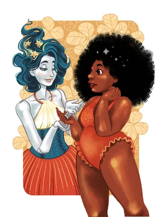 Digital illustration of two women, one with blue hair, one with curly black hair by Manu Cunhas