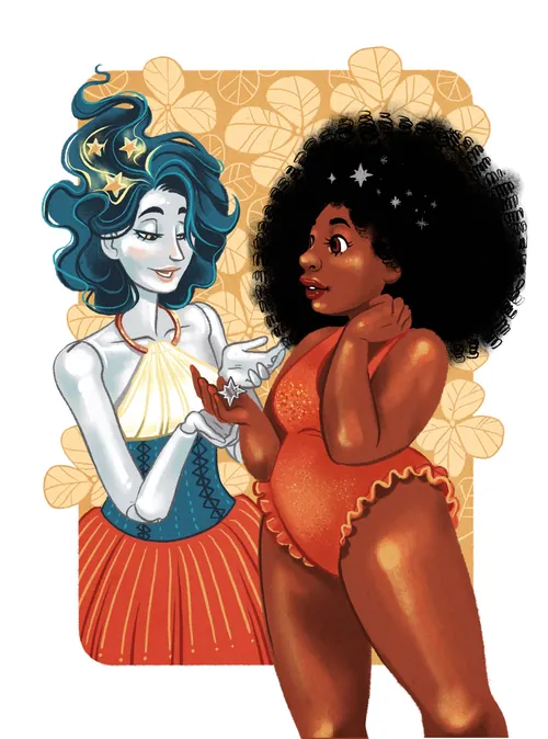 Digital illustration of two women, one with blue hair, one with curly black hair by Manu Cunhas