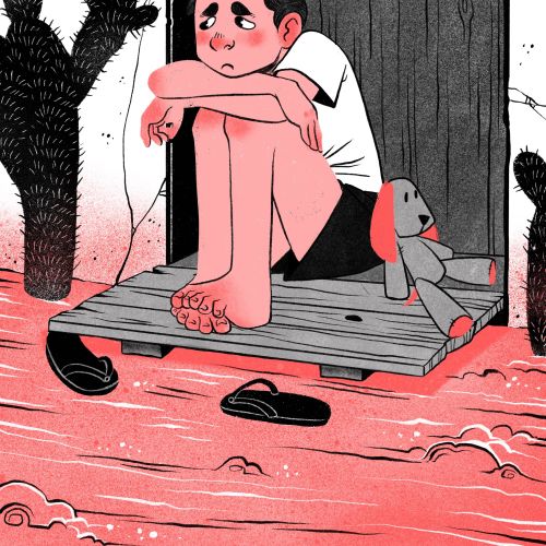 A sad boy sitting on doorstep with a teddy bear and cactus, by Manu Cunhas