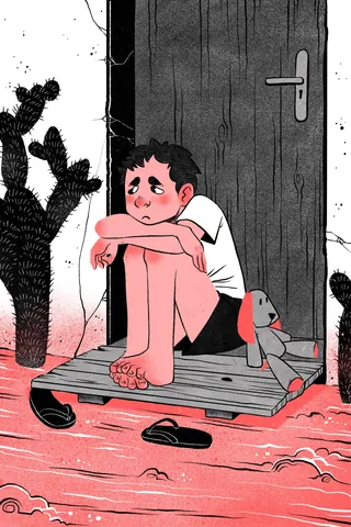 A sad boy sitting on doorstep with a teddy bear and cactus, by Manu Cunhas