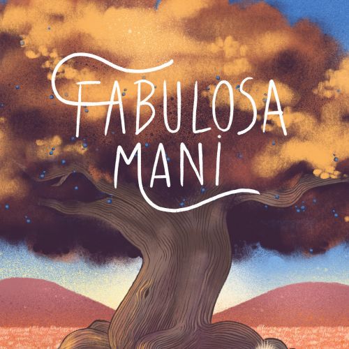 Girl and dog under a large twisted tree in a colorful field by Manu Cunhas
