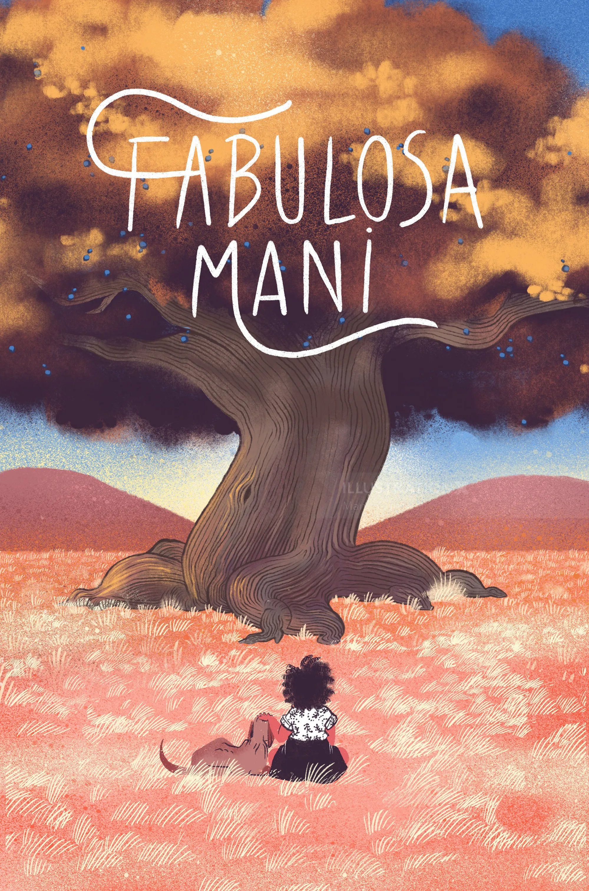 Girl and dog under a large twisted tree in a colorful field by Manu Cunhas