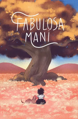 Girl and dog under a large twisted tree in a colorful field by Manu Cunhas