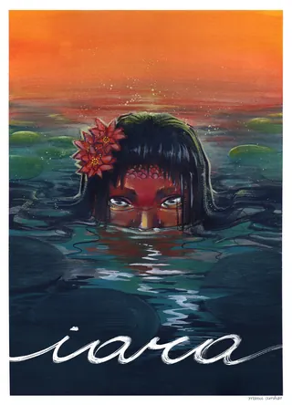 Woman with flower in hair emerging from water at sunset, painting by Manu Cunhas