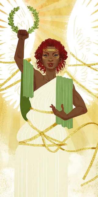 Angel with red hair holding laurel wreath and wearing white robe by Manu Cunhas