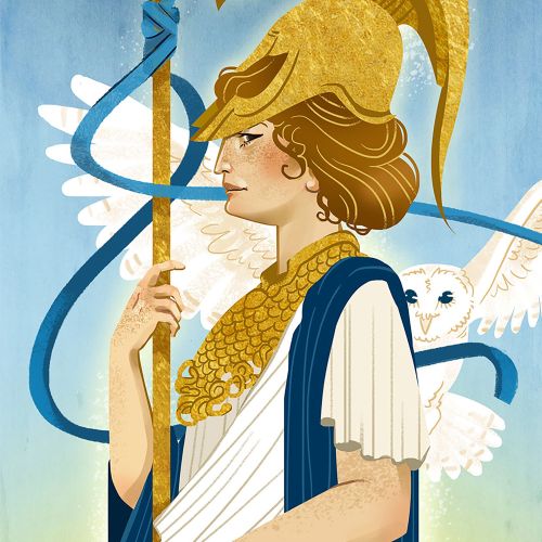 Warrior woman with golden helmet and Medusa shield by Manu Cunhas
