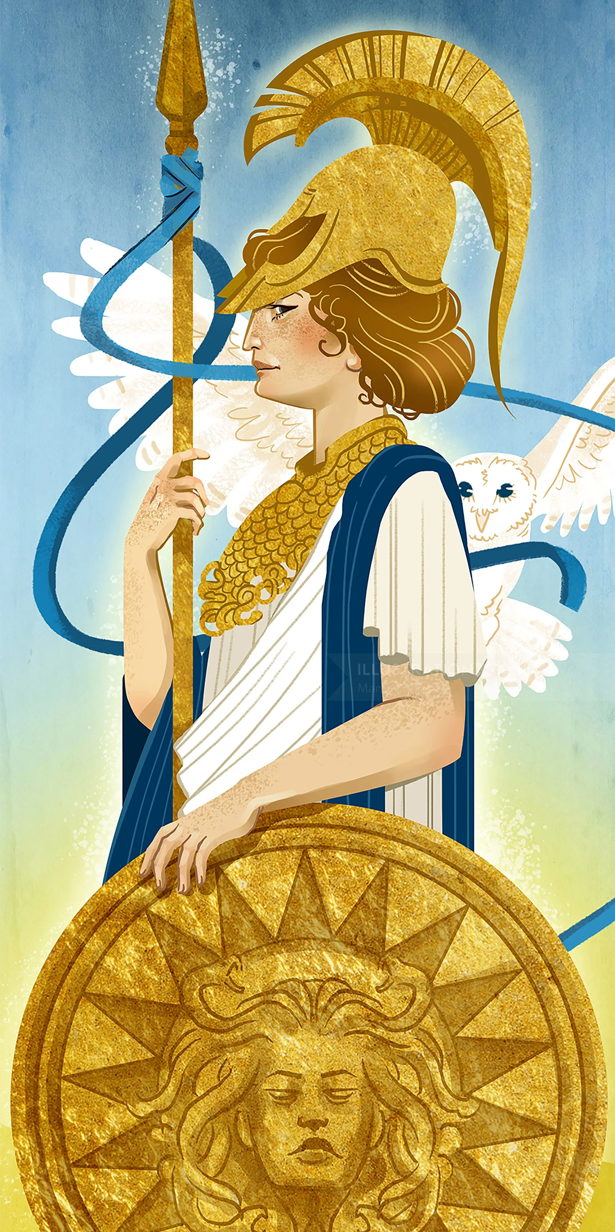 Warrior woman with golden helmet and Medusa shield by Manu Cunhas