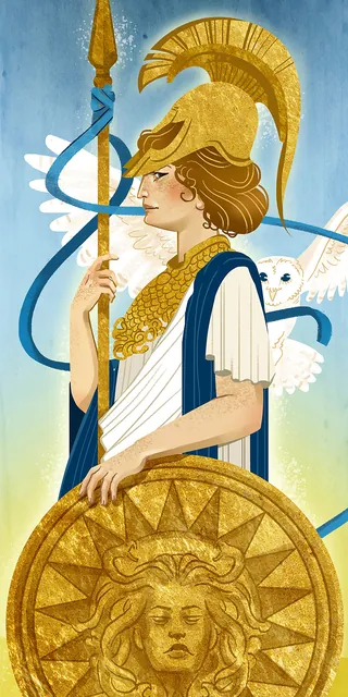Warrior woman with golden helmet and Medusa shield by Manu Cunhas