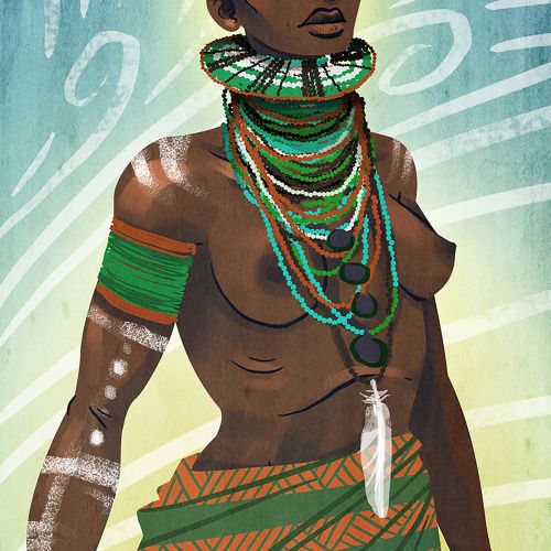 Tribal woman with neck rings, face paint, and sword by Manu Cunhas