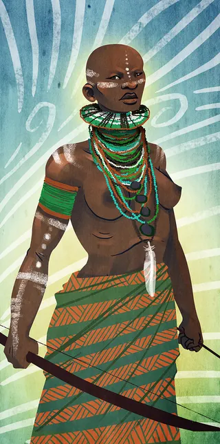Tribal woman with neck rings, face paint, and sword by Manu Cunhas