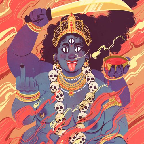Multi-armed goddess with sword and skull necklace by Manu Cunhas