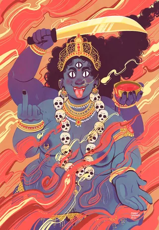 Multi-armed goddess with sword and skull necklace by Manu Cunhas