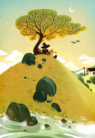 Person reading a book under tree on hill near water by Manu Cunhas